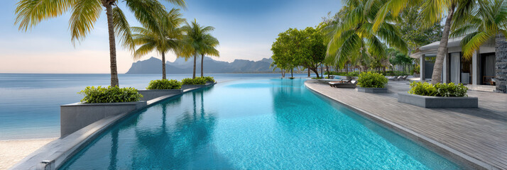 Fototapeta premium Infinity pool overlooking a tropical ocean with palm trees, offering a clear blue sky, a luxurious resort setting conveying relaxation, tranquility, and summer vacation
