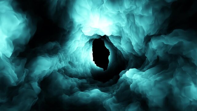 Flowing turquoise smoke forms a swirling vortex tunnel with a dark center, creating an abstract atmospheric background for sci fi, mystery, energy, or transition scenes