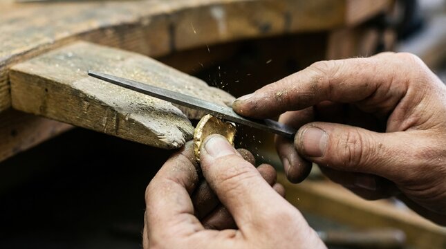 Master jeweler using a metal file to shape a piece of raw gold on a wooden workbench