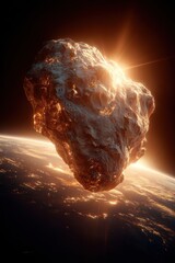 Naklejka premium Space universe exploration, fantasy, mysterious. A vivid, highresolution digital artwork depicts an asteroid approaching Earth. The asteroid is depicted in a dynamic pose.