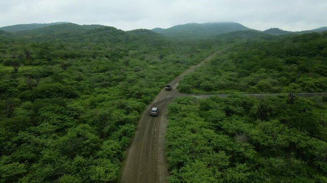 Cinematic drone follow shot tracking SUVs driving through remote jungle mountain road in Ecuador