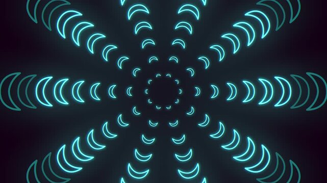 Glowing neon blue curved lines form a symmetrical radial wave pattern on a dark background, creating a futuristic geometric animation for tech, music, and VJ visuals