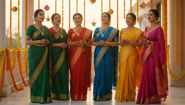 Indian women singing traditional songs together during a holiday festival celebration for cultural heritage concept with vibrant colorful silk sarees and marigold decor