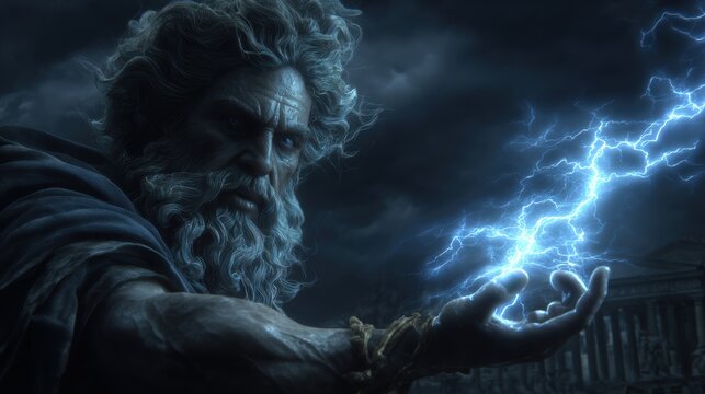 Greek mythology god Zeus. Fantasy. A dramatic portrayal of an ancient man with a long, wavy beard and curly hair, set against a dark, stormy sky.