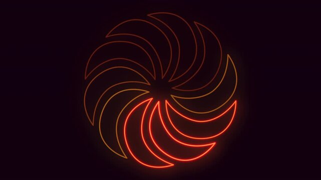 Abstract neon spiral turbine or pinwheel symbol glowing in red and orange, rotating on a dark background with soft haze, futuristic energy and technology concept