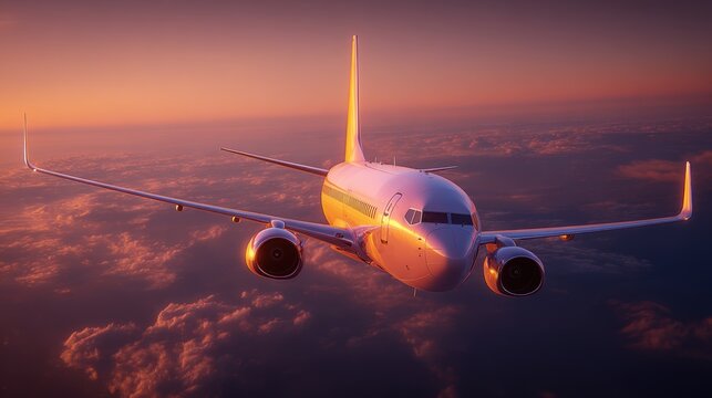 Travel trip journey. A vivid portrayal of an airplane soaring above the clouds during sunset. The sky is painted in hues of orange, pink, and purple, with the sun casting a warm glow on the clouds.