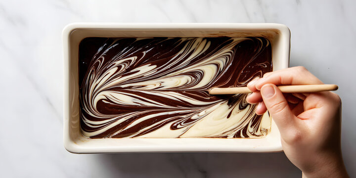 Artisanal chocolate mixture being swirled with white chocolate in a rectangular dish on marble surface