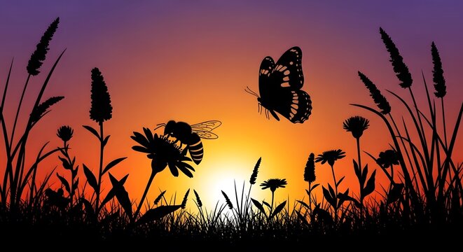 Golden bee day sunset silhouette of a bee flying over wildflowers at dusk
