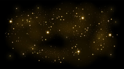 Golden sparkling stars. Gold star sparkles and glowing dust overlay. Shimmering magic glitter, bright galaxy light sparks, and festive shining bokeh. Elegant celestial stardust effect © fim.design