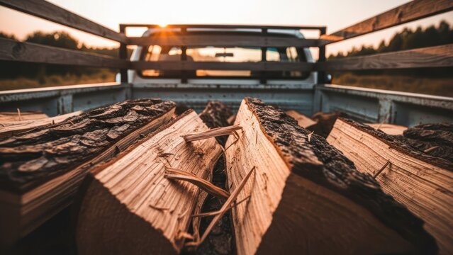 View from the truck bed filled with split firewood at golden sunset