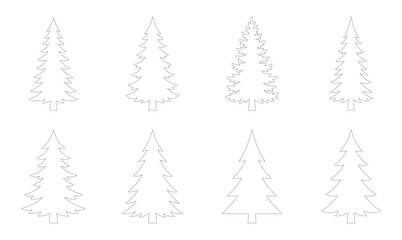 Obraz premium Set of 8 Editable Stroke Detailed Evergreen Fir Tree Outline Icons — Christmas Pine Tree Silhouettes Minimalist Line Art Vector Isolated on White