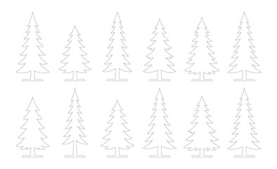 Obraz premium Set of 12 Editable Stroke Classic Christmas Fir Tree Outline Icons — Symmetrical Evergreen Tree Silhouettes Minimalist Line Art Vector Isolated on White