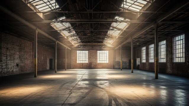 Wide, empty industrial space. Sunlight streams through clerestory windows, concrete floor
