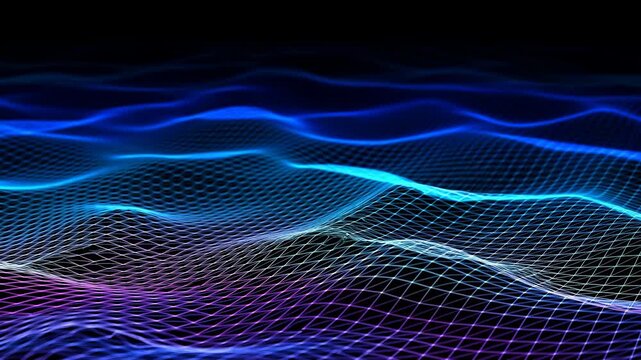 Vivid Neon Waves Animate Data. Illuminated Wireframe Landscape Evokes Cyber Environment Visuals