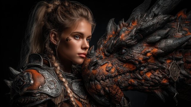 Fantasy wallpaper. A detailed digital artwork depicts a female warrior with a fierce expression. She wears ornate, metallic armor with intricate patterns and designs.