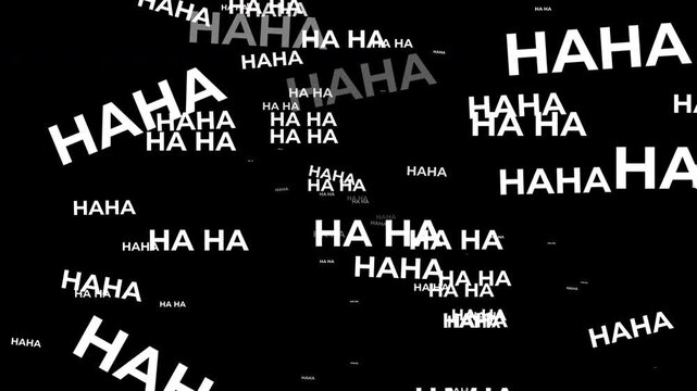 White HAHA text overlay animation with random floating motion from center on black background. 4K animated haha laughing text effect for funny reactions, comedy overlays, and motion graphics.