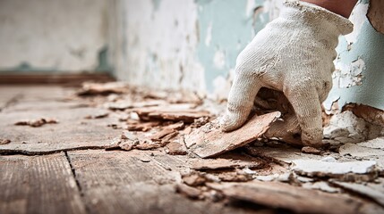 Obraz premium Hand in Glove Removing Damaged Tiles from Old Floor