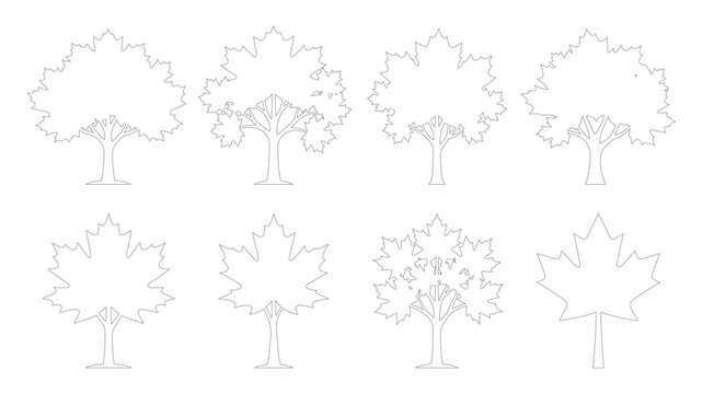 
Set of 8 Editable Stroke Maple Tree and Leaf Outline Icons &mdash; Fall Foliage Tree Silhouettes Minimalist Line Art Vector Isolated on White