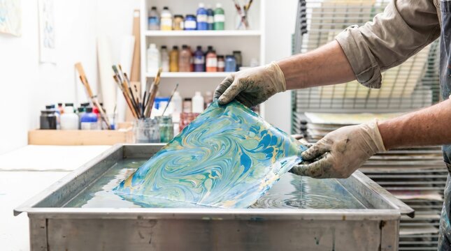 Artist lifting a sheet of paper with a colorful marbled pattern from a tray of water in a studio