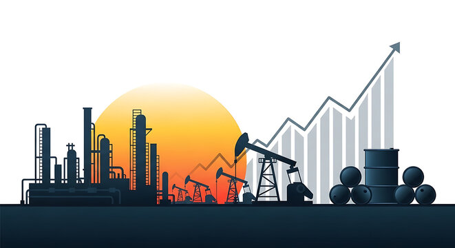 Oil industry and rising stock market graph at sunset, refinery and pumpjacks with barrels, concept for energy sector growth and investment