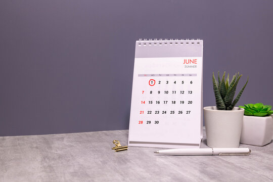 wooden calendar blocks outdoors in green field of daisies showing the date 1st June with copy space