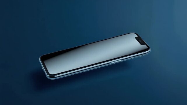 Sleek modern smartphone mobile device with reflective glass screen and metallic frame blue surface