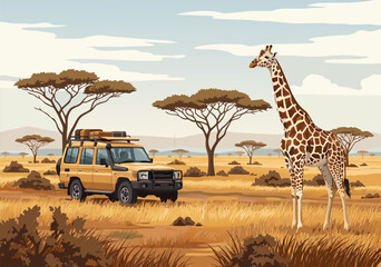 Safari adventure illustration vector with a safari jeep and a giraffe in the savanna landscape, celebrating African wildlife and nature, a perfect depiction for travel and exploration themes © Purnomo