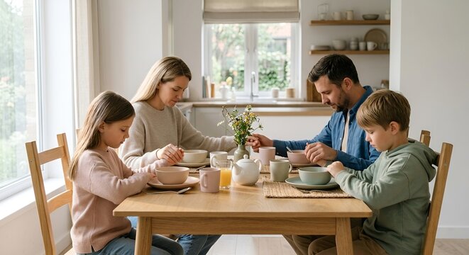 Religious young family praying together before healthy meal in kitchen.