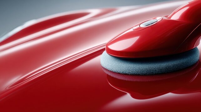 Close-up of polishing machine on red car paint. Auto detailing, polishing and finishing concept