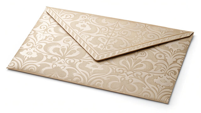 Elegant beige envelope with intricate gold floral patterns sitting on white background
