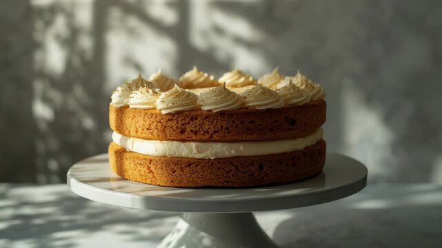 Vanilla sponge cake with cream filling and piped frosting cake stand pedestal, creamy frosting