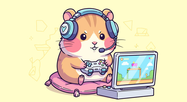 hamster playing video games on laptop with headset