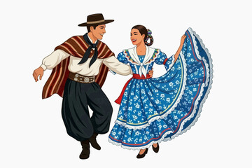 Fototapeta premium A couple from Rio Grande do Sul, dressed in traditional attire, dance joyfully in a typical barn, celebrating the culture and traditions of southern Brazil.
