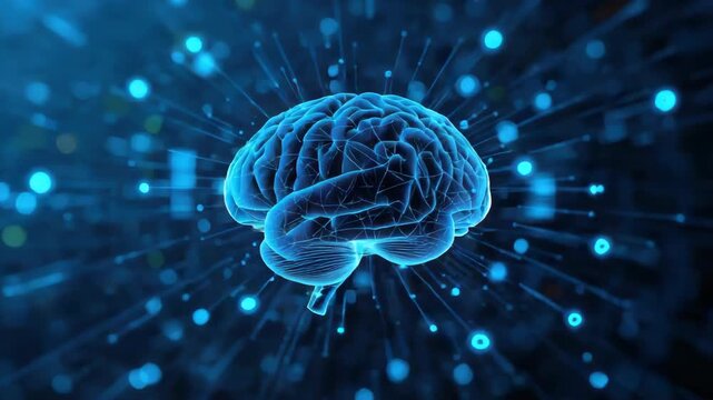 Blue glowing human brain illustration merging neural network, neuron cortex anatomy and digital