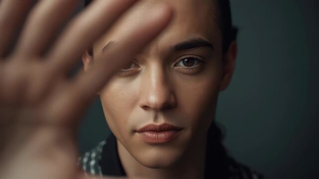 Young adult neutral expression closeup portrait with raised hand contemplative meditative gaze