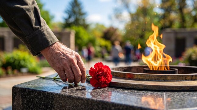 Elderly mans hand placing red carnation at eternal flame memorial. Victory day remembrance tribute for war veterans. Commemoration honoring fallen soldiers in park setting