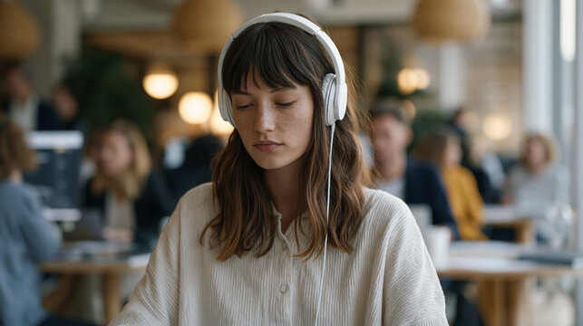 Data labeling contractor at a shared desk in a crowded urban coworking space, wearing headphones and classifying synthetic image batches on a widescreen monitor, surrounding workers equally focused,