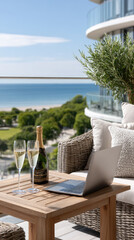 Obraz premium Remote work lifestyle showcasing financial freedom, success, and luxury on a beautiful coastal balcony with a laptop and champagne overlooking the serene Mediterranean sea