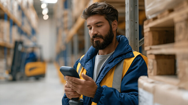 warehouse logistics coordinator using handheld scanner tracking pallet inventory beside tall metal shelving, forklift in background corridor, safety boots and reflective vest, supply chain distribut
