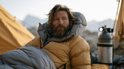 Fototapeta premium mountaineer resting at high camp during acclimatization rotation, insulated sleeping mat on talus slope at 5500 meters, supplemental oxygen cylinder beside headlamp, labored breathing visible in thi