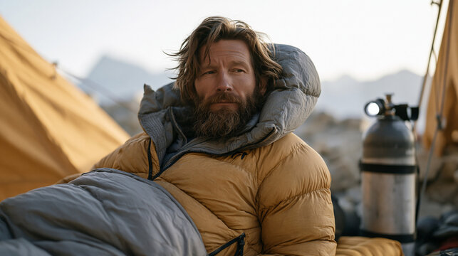 mountaineer resting at high camp during acclimatization rotation, insulated sleeping mat on talus slope at 5500 meters, supplemental oxygen cylinder beside headlamp, labored breathing visible in thi