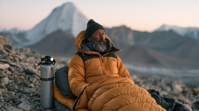 mountaineer resting at high camp during acclimatization rotation, insulated sleeping mat on talus slope at 5500 meters, supplemental oxygen cylinder beside headlamp, labored breathing visible in thi