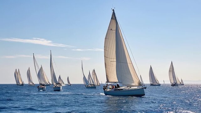 White sailing yachts competing in ocean regatta on sunny day with blue sky