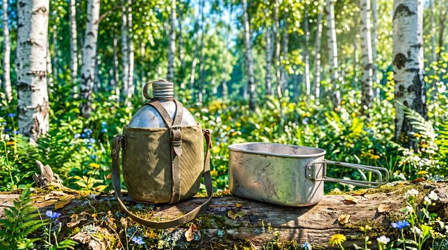 Vintage military canteen with canvas strap and metal mess kit on mossy log in birch forest. Commemoration for Victory Day historical remembrance in nature