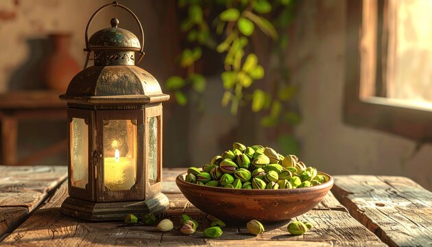A rustic lantern and bowl of olives on a wooden table.