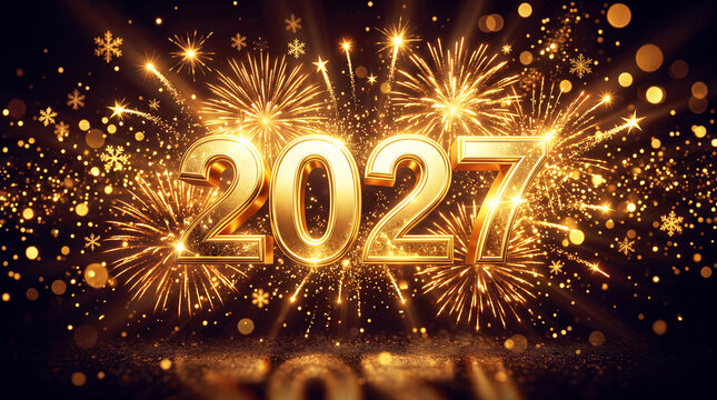 Golden 2027 numerals with fireworks and snowflakes. New year 2027 celebration in year of the sheep. Festive chinese zodiac background for holiday greetings