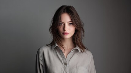 Fototapeta premium 青い目の女性がグレーのシャツを着て正面を見ている姿。ポートレートやプロフィール写真、ビジネスシーンに適したイメージ