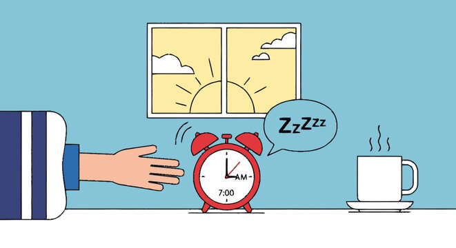 Hand reaching for alarm clock at sunrise with coffee cup