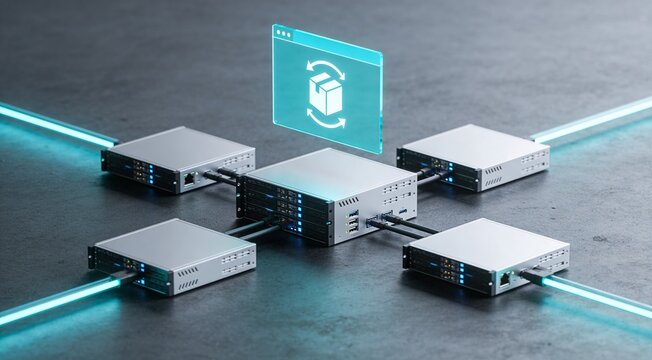 Enterprise logistics infrastructure background featuring a central compute hub linked to five edge modules with synchronized dashboard interface for warehouse systems, inventory flow and networked ope