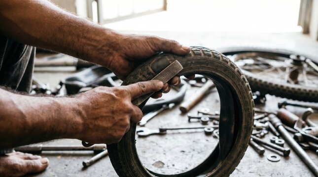 Mechanic hands using a metal rasp file to prep a bicycle inner tube for puncture repair